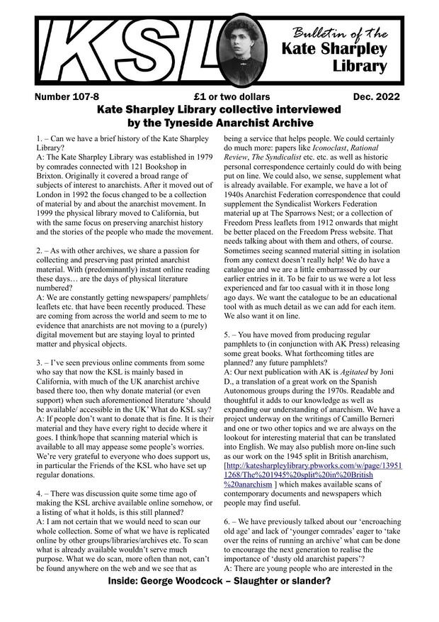 Cover: Bulletin of the Kate Sharpley Library #107-108